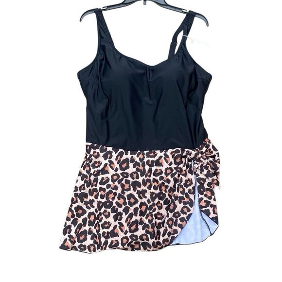 Eomenie Other - Eomenie Women’s 3X Black Leopard One Piece Swim Dress Swimsuit Side Tie NWT